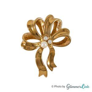 Vintage 90s Avon Pearly Bow Ribbon Faux Pearl Gold Tone Brooch